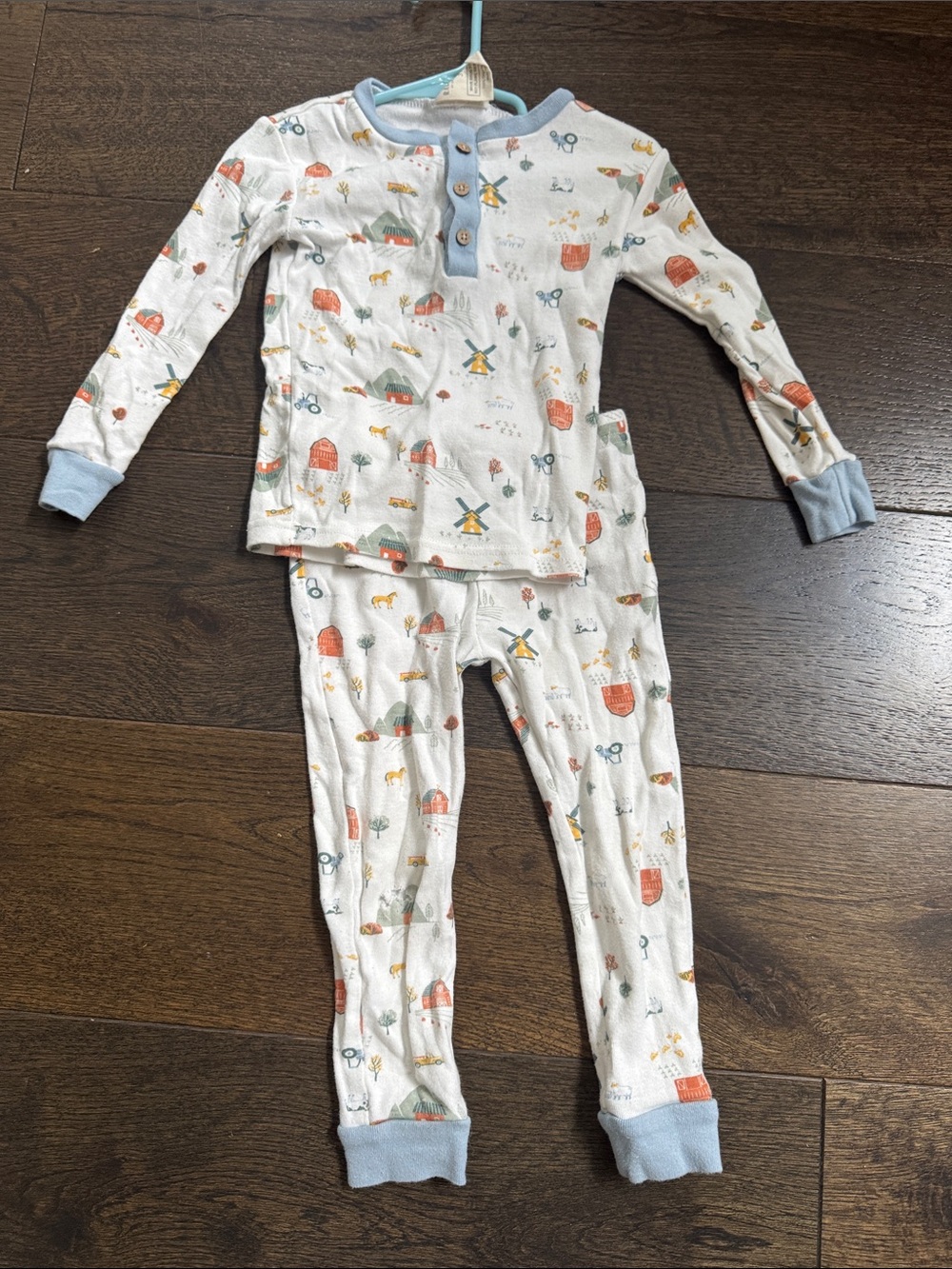 Children's Farm-Print Long Sleeve Pajama Set with Light Blue Trim